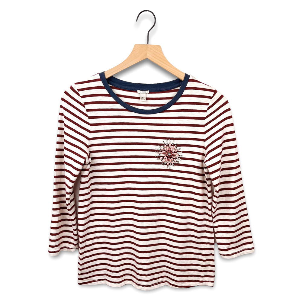 J.Crew Jewled Brooch Red Cream Striped 3/4 Sleeve Top, S